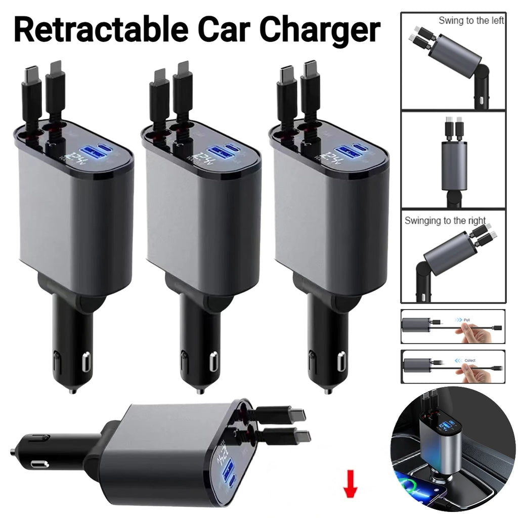 4 In 1 Car Charger 120W Retractable Design Without Light Durable Reliable Fast Charging Compact Practical Choice For Smartphones And Gadgets