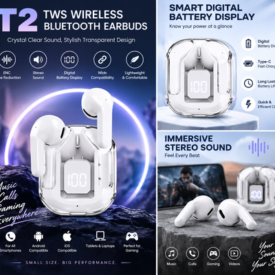 T2 TWS Wireless Bluetooth Earbuds with ENC & Digital Display
