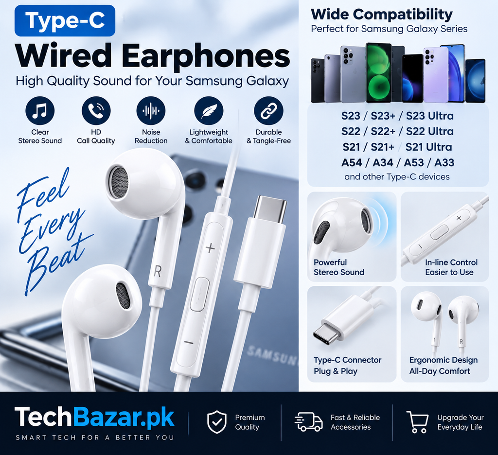 Type-C Wired Earphones for Samsung Galaxy S23, S22, S21, A54 & A34
