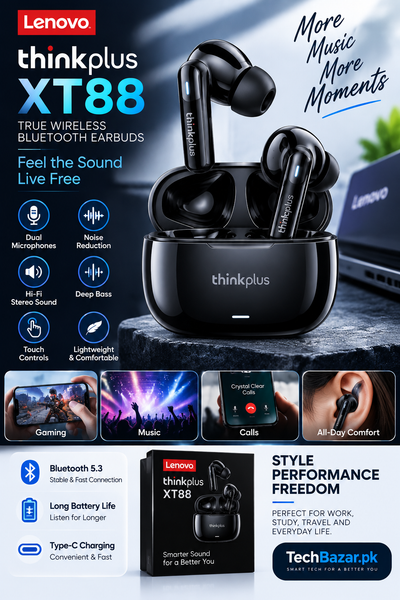 Lenovo Thinkplus XT88 Wireless Bluetooth Earbuds with Dual Mic & Touch Control
