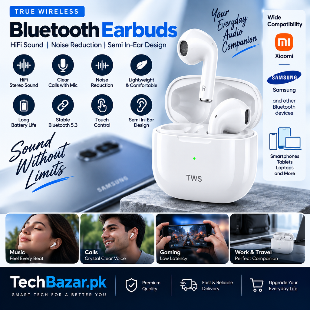 True Wireless Bluetooth Earbuds with Mic – HiFi Stereo Sound & Noise Reduction