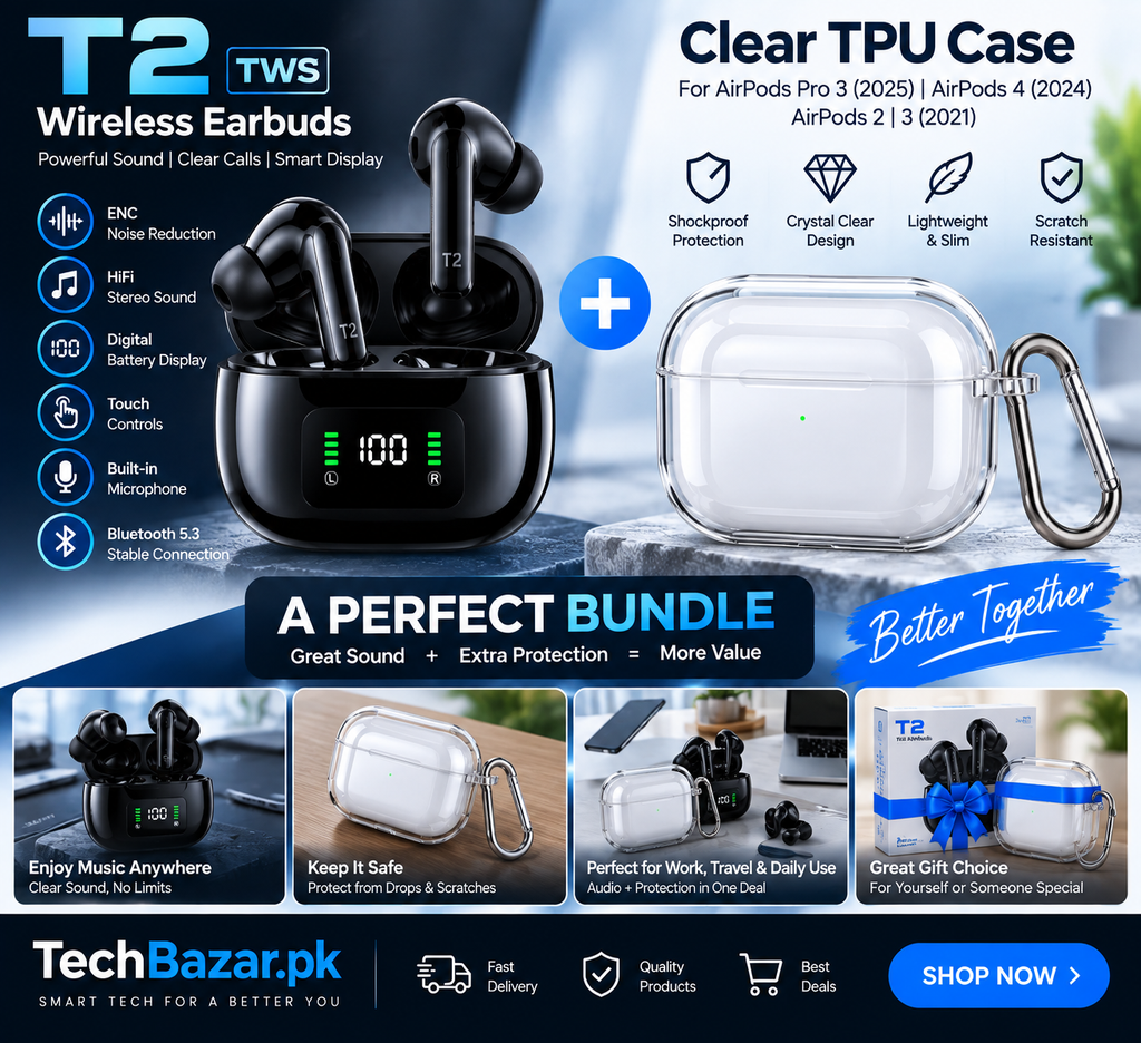 T2 TWS Wireless Earbuds + Clear TPU AirPods Case Bundle