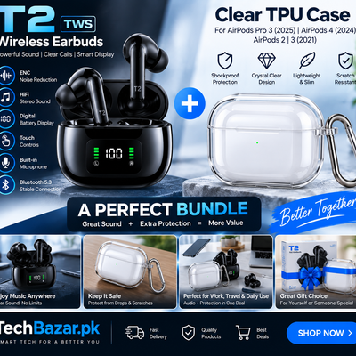 T2 TWS Wireless Earbuds + Clear TPU AirPods Case Bundle