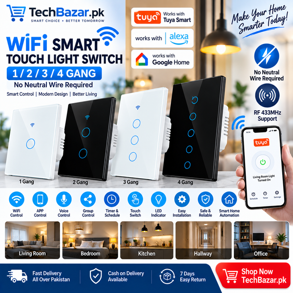 1–4 Gang WiFi Smart Touch Wall Light Switch – No Neutral, Tuya Alexa & Google