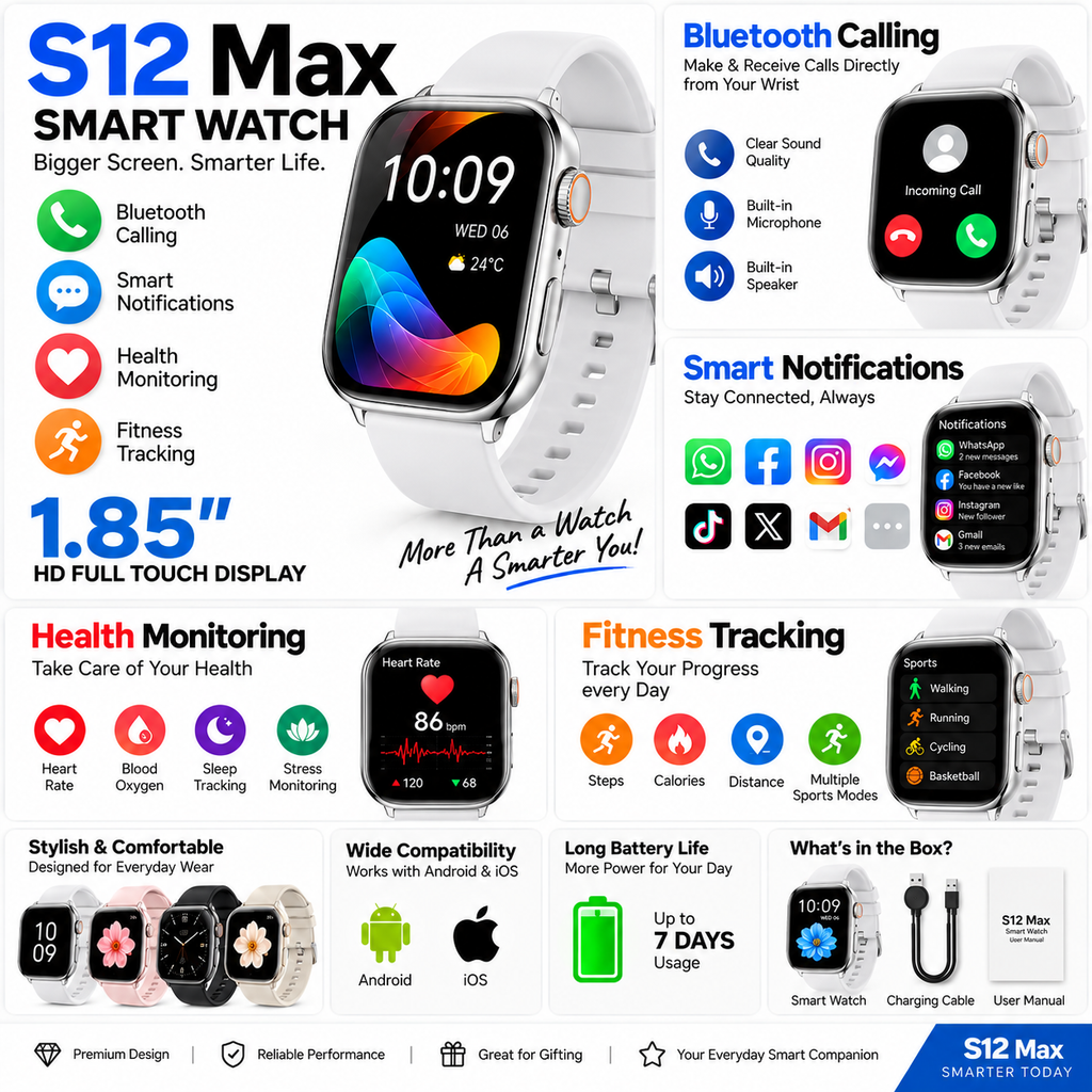 S12 Max Smart Watch 1.85" HD Full Touch Display | Bluetooth Calling, Health & Fitness Tracker