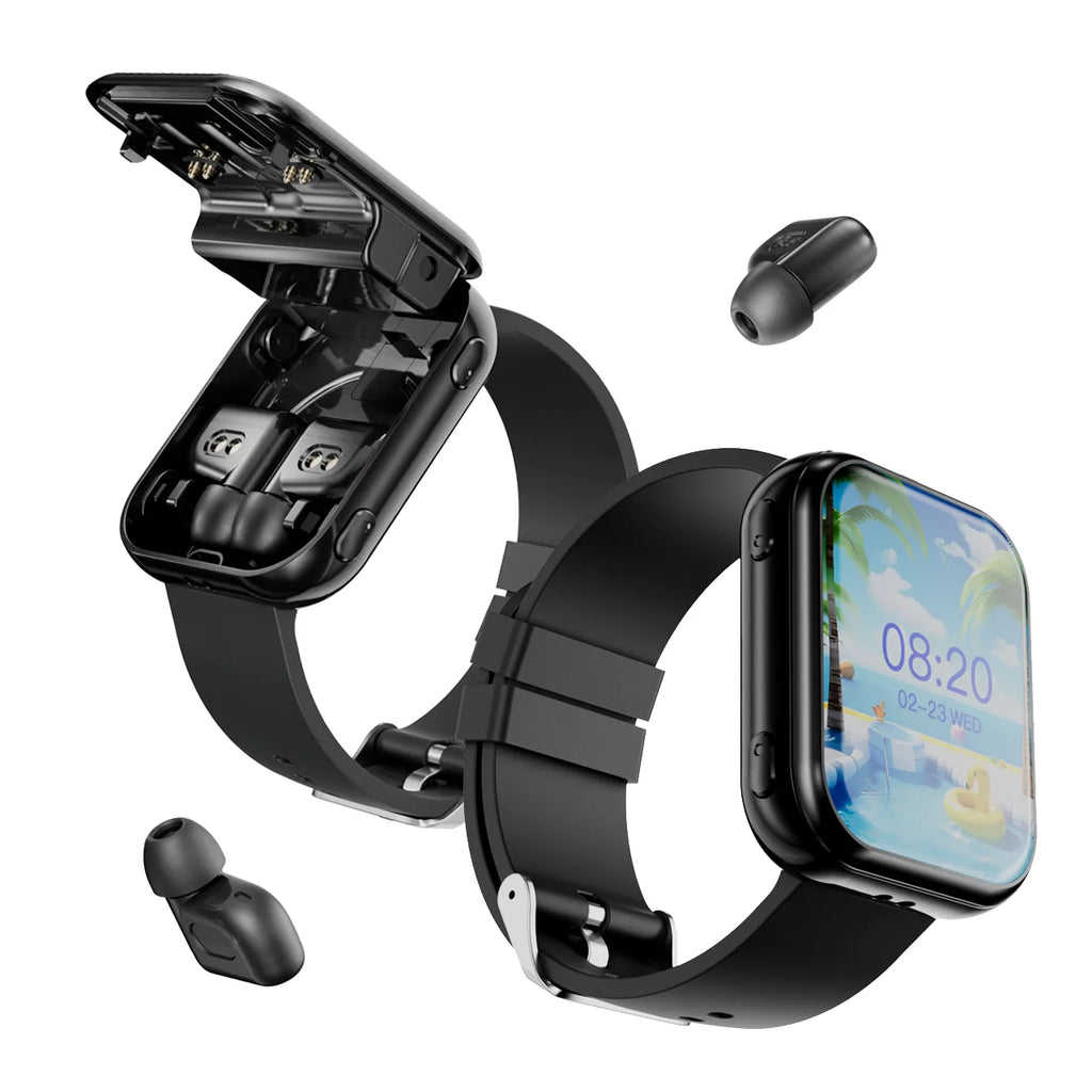 2025 New T1 Smart Watch Wireless Earphones 2-in-1 IP67 Waterproof Silicon Tape BT Call & Fitness Function