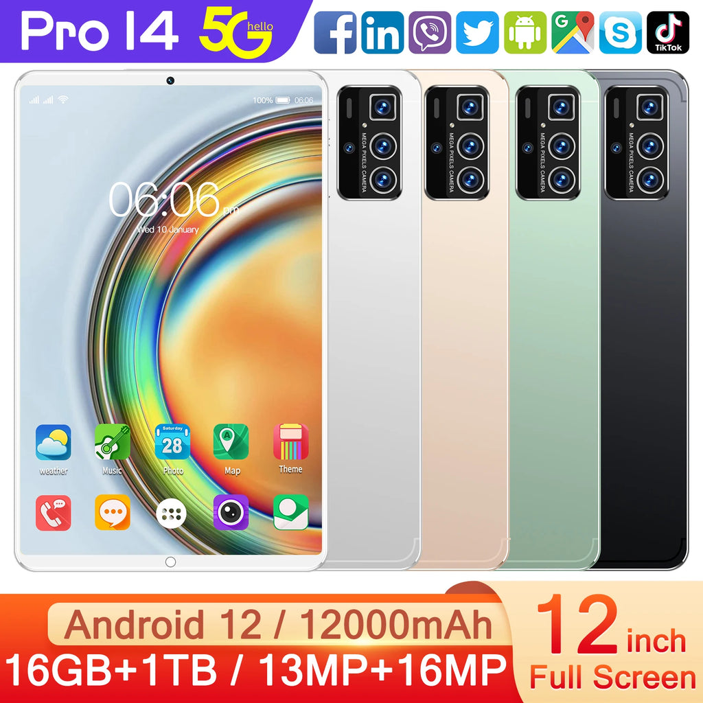 Pro14 Android 12 Tablet PC Mobile Phone MTK Octa Core 5MP+13MP Cameras 16GB Capacitive with GSM 4G 5G New