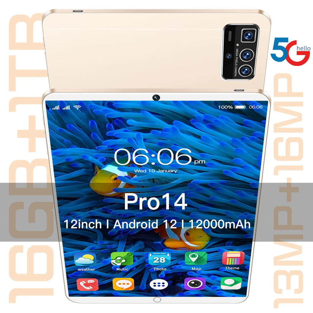Pro14 Android 12 Tablet PC Mobile Phone MTK Octa Core 5MP+13MP Cameras 16GB Capacitive with GSM 4G 5G New