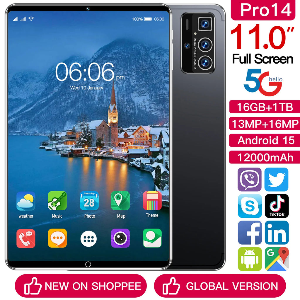 Pro 14 11 Inch Stream Tablet 16GB+1TB 108MP 8000mAh 5G MTK Wi-Fi Dual SIM+TF Night Vision Triple Cam Social Live AI Capture