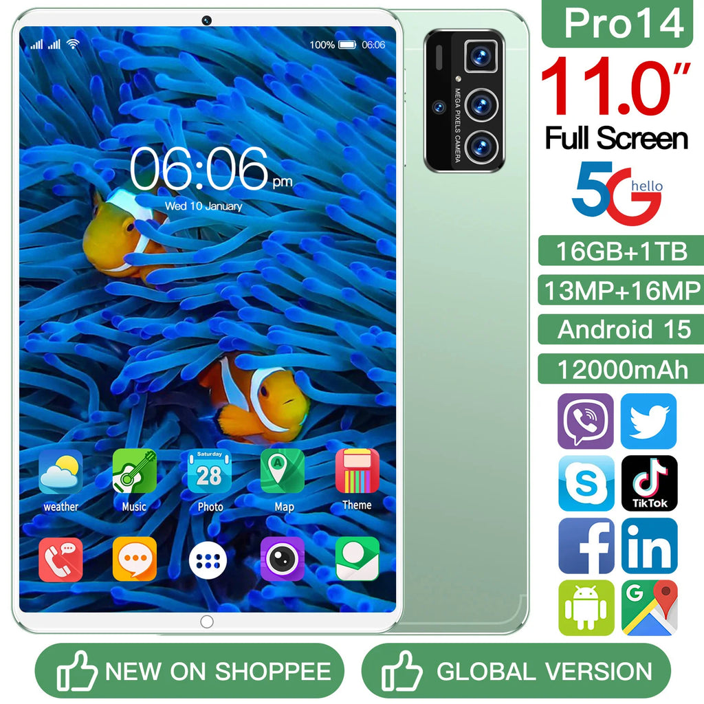 Pro 14 11 Inch Stream Tablet 16GB+1TB 108MP 8000mAh 5G MTK Wi-Fi Dual SIM+TF Night Vision Triple Cam Social Live AI Capture