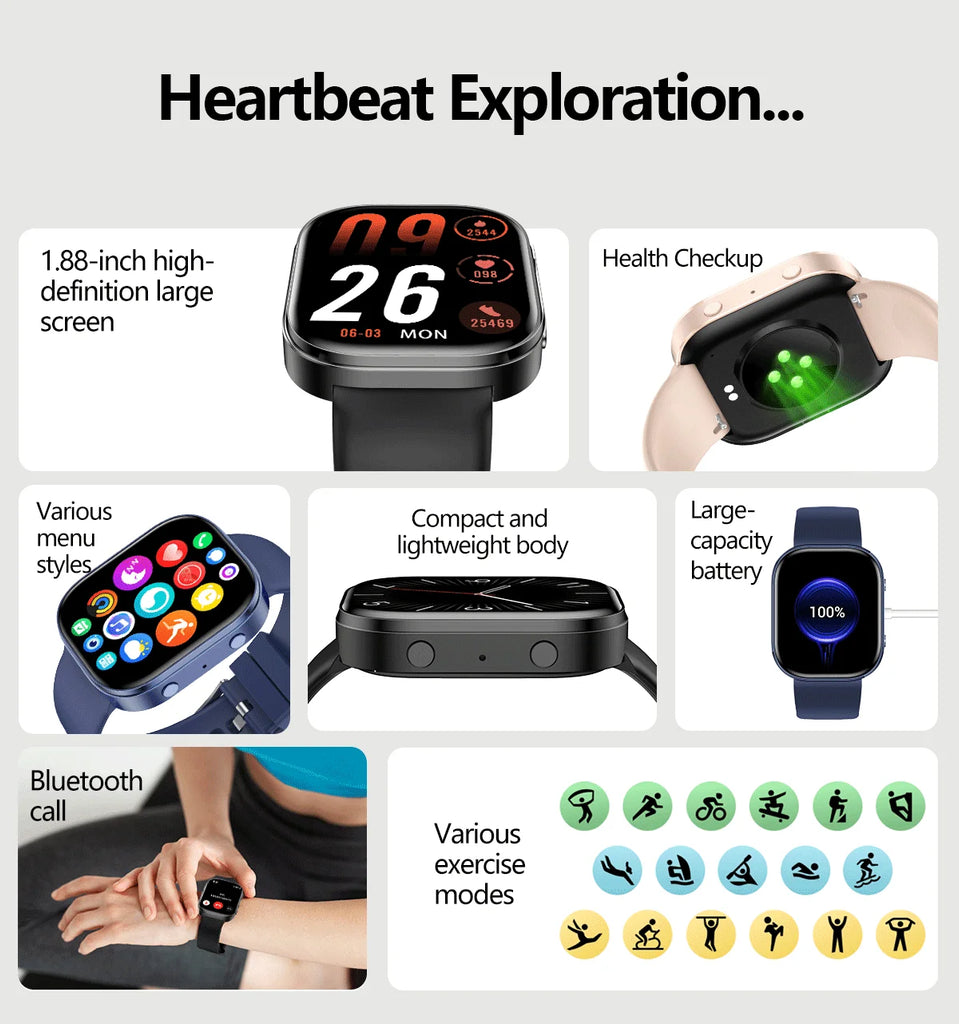 Factory Smart Watch 1.88 Inch TFT Waterproof IP67 Fitness Tracker Alarm Clock Magnetic Charging Call Remind Smart Watch