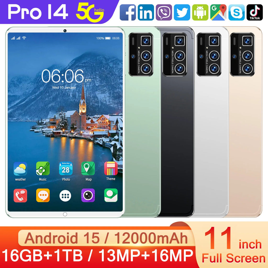 Pro 14 11 Inch Stream Tablet 16GB+1TB 108MP 8000mAh 5G MTK Wi-Fi Dual SIM+TF Night Vision Triple Cam Social Live AI Capture