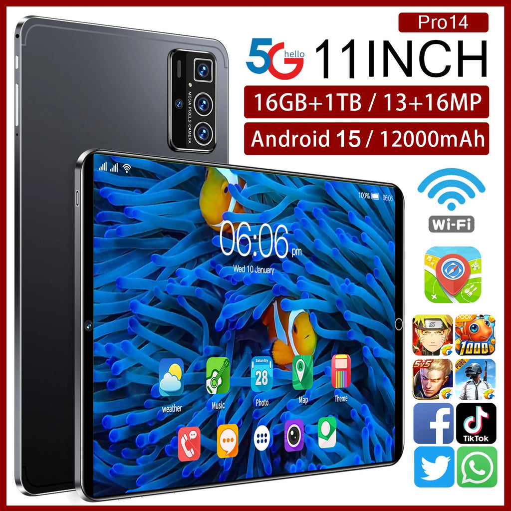 Pro 14 11 Inch Stream Tablet 16GB+1TB 108MP 8000mAh 5G MTK Wi-Fi Dual SIM+TF Night Vision Triple Cam Social Live AI Capture