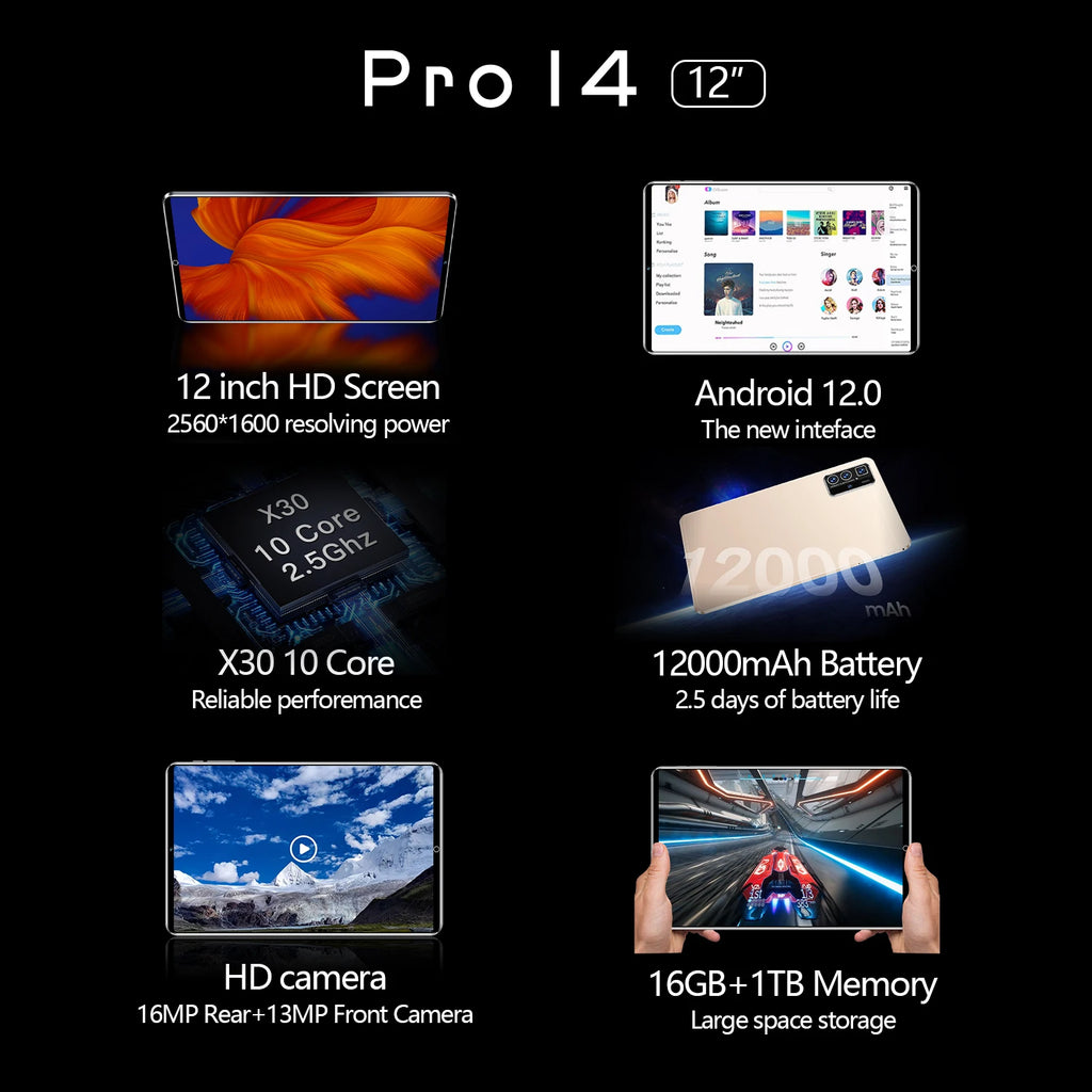 Pro14 Android 12 Tablet PC Mobile Phone MTK Octa Core 5MP+13MP Cameras 16GB Capacitive with GSM 4G 5G New